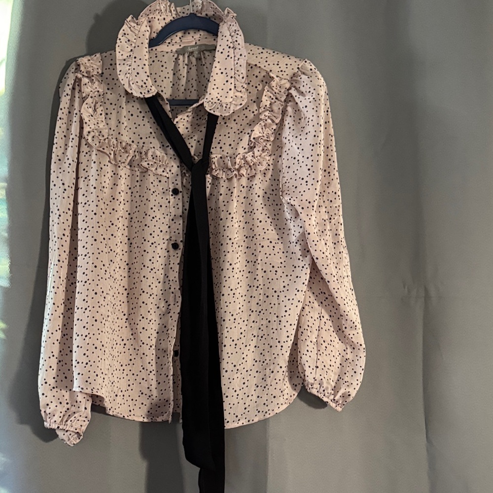 Sweet Rain Pink Polka Dot Ruffle Shirt with Black Tie